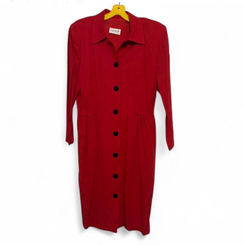 Vintage 90s‎ Red Button Front Midi Dress Carole M Studio USA Rayon Shirt Dress M